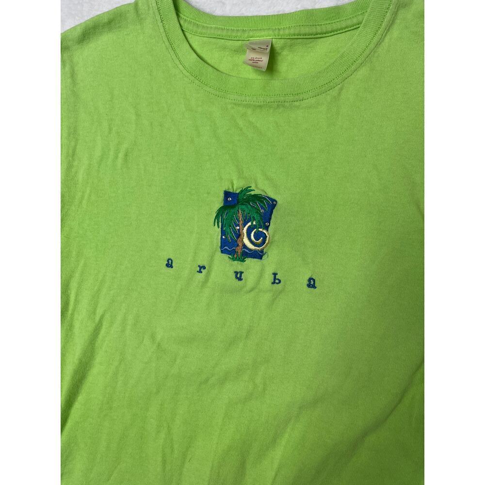 VTG Anvil Aruba Travel Baby Tee Sparkle Embroidered Souvenir Green Tropical sz S - Picture 4 of 5